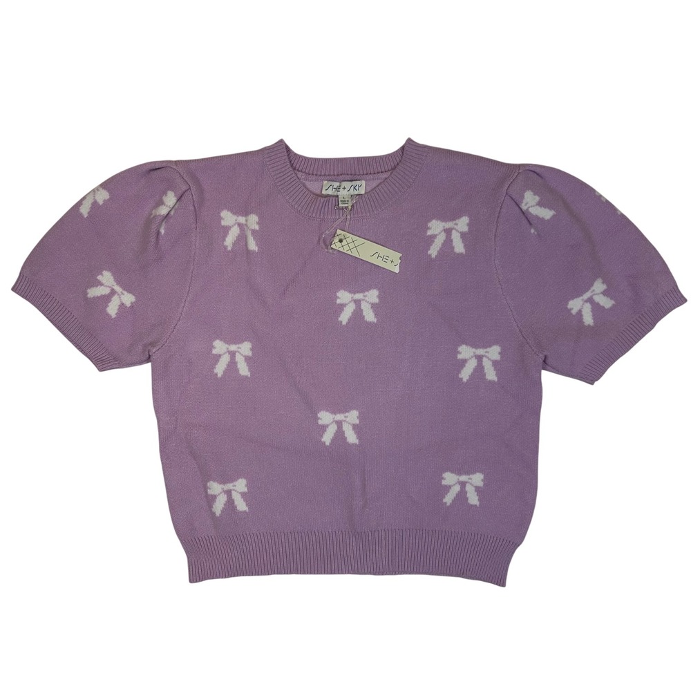 She + Sky Lavender Purple Bowβ Print Puff Sleeve Short Sleeve Sweater SY7677R L